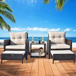 DEVOKO 5 Piece Patio Furniture Conversation Set with Ottoman,Outdoor Patio Chairs Wicker Patio Bistro Set for Backyard, Pool, Porch (Dark Brown & Cream)