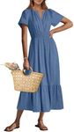 ANRABESS Women's Summer Short Sleeve Maxi Dress 2025 Casual V Neck High Waist A-Line Flowy Loose Tiered Boho Long Dresses Dark Blue Medium