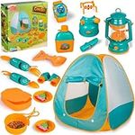 Kids Camping Play Tent with Toy Campfire Fruits Toys Pop Up Play Tent Set with Kids Camping Gear Set for Boys Girls Indoor Outdoor Pretend-Play Camping Tools Adventure Game Set for Toddlers