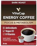 VitaCup Energy Dark Roast Coffee Pods, Boost Focus & Metabolism, Antioxidants, B Vitamins, Bold & Smooth,100% Arabica Coffee, Recyclable Single Serve Pod Compatible with Keurig K-Cup Brewers,16 Ct