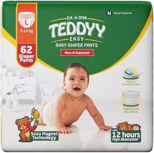 TEDDYY Easy Baby L Size Diaper Pant Style | 62 Count (Large) | 9–14 kg (Pack of 1) | Long Protection Hours | Anti-Bacterial | Airy Breathable Fit | Rapid Soaker Channels & Wetness Indicator