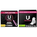 U by Kotex Click Compact Tampons, Regular Absorbency, Unscented, 45 Count & Balance Ultra Thin Pads with Wings, Heavy Absorbency, 46 Count