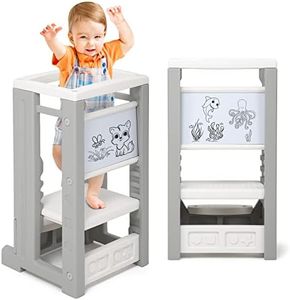 Toddler Tower - Toddler Standing Tower for Kitchen Counter & Sink, Kids Kitchen Step Stool Helper, Anti-tip Structure More Stable, with Dry Erase Board, Ages 18 Months to 5 Years (Grey)