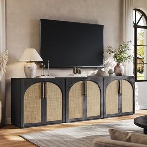 MorganBrig Modular Storage Cabinet, 94.5'' Wide Arched Sideboard Buffet Cabinet with Rattan Doors & Adjustable Shelves, Boho Wood Credenza for Kitchen, Coffee Bar, Living Room, Entryway, Dark Walnut