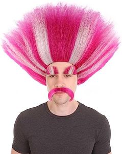 HPO King Troll Wig with Eyebrows and Mustache | Pink with White Stripes Wigs for Teen and Adult Sizes | Halloween Troll Cosplay and Themed Party Wig