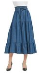 Tronjori Womens A Line Long Midi Denim Skirt Tired Pleated Layers Elastic Waist Front Drawstring, Denim Blue, Medium