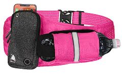 Athle Pink Running Belt – Horizontal Water Bottle Pouch, Large Fanny Pack Pocket Fits Most Phones and Wallet, Adjustable One Size Fits All Waist Band, Key Clip, 360° Reflective