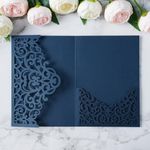 PONATIA 20PCS Navy Blue Laser Cut Wedding Invitations Pockets, Tri-fold 5x7 Laser Cut Invitation Pockets for Wedding Bridal Shower Quinceanera 15 Anos Invite (No Envelopes & Inner Sheets)