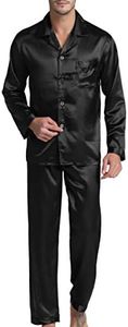 Men's Satin Pajamas Long Button-Down Pj Set Sleepwear Loungewear, Black, Medium