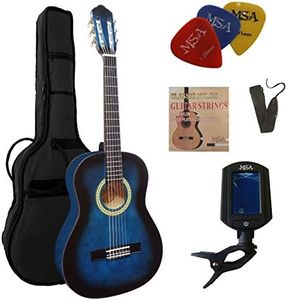 3/4 C9 Konzertgitarre Set - blau schattiert - Lindenholz Deckel - Tasche - Gurt - Saiten - 3 Plektren - Stimmgerät ET33B