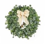 FLOROAD 26 inch Green Eucalyptus Leaves Wreath for Front Door, Year Round Spring Summer Large Artificial Greenery Wreath with Beige Bow Metal Bells