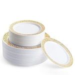 MATANA 240 Premium White Plastic Plates with Gold Lace Rim - 120 26cm Dinner Plates, 120 19cm Dessert Plates - Elegant & Reusable Party Tableware for Weddings, Birthdays, BBQ, Parties