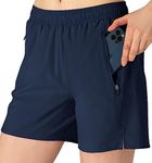 donhobo Womens Gym Running Shorts with Zipper Pockets,Ladies Running Short,2 in 1 Breathable Quick Dry Fitness Shorts for Workout Training Yoga Jogging Pilates Navy L