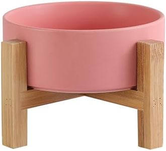 Elevated Ceramic Cat Bowl - Cat Food Bowl with Bamboo Stand - Raised Dog Dish for Puppies - Anti Vomiting, Stress Free - 13.5 oz / 400 ml - Pink