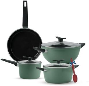 Tramontina Aura Cookware Set of 7 Kadhai 28cm with Lid, Fry Pan 24cm, Sauce Pan 16cm, Casserole 24cm with Lid | Reinforced Ceramic Non-Stick | Low-Oil Cooking | Bakelite Handle | Sea Green