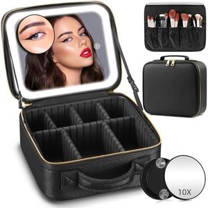 RRtide Makeup Train Case with Mirror and Lights 3 Color Adjustable Brightness Cosmetic Case Large Makeup Bag Portable 2-Layers Adjustable Dividers,Rechargeable,Waterproof,for Travel or Business, Black, Portable Makeup Bag With Lighted Mirror