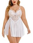 Xivir Plus Size Lingerie Lace Mini Babydoll Womens Strap Chemise Nightgown V Neck Nighty Mesh Sleepwear Side Slit Nightdress (Free Size, White)