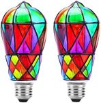 Tidorlou 2 Pack Stained Glass LED Light Bulb, Dimmable E26 Medium Base, ST64 3.5W LED Bulb for Home Party, Balcony, Garden, Christmas Halloween Decoration