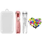Office Supplies,Stapler and Clip Dispenser Set,2 Reusable Creative Stapler(Pink+Clear),50 Metal Paper Clamps(25 Silver+25 Colorful),1 Small Storage Bin.