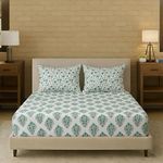 Trance Home Linen 100% Cotton 78"x60" Standard Queen Size Elastic Fitted Bedsheet | Printed Queen Bed Size Elasticated Fitted Bedspread with 2 Pillow Covers (Queen 78x60 inch, Madhuban Green), 180 TC