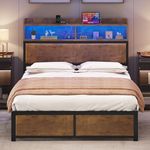 YITAHOME Queen Size Bed Frame,LED Bed Frame with Headboard,USB Ports & Charging Outlets,Metal Platform Bed Frame with 2 Tiers Storage Shelves, No Box Spring Needed, Vintage Brown