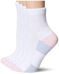 MediPeds Women's Diabetic Quarter Socks with Nanoglide, 4 Pack Casual, White with Pink, 3-8 (Pack of 4)