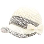 MIRMARU Women’s Knitted Newsboy Hat Double Layer Visor Beanie Cap with Soft Warm Fleece Lining, Bow - White, One Size