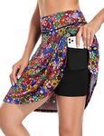 KORALHY Knee Length Tennis Skorts for Women, Colorful Flower, X-Large