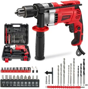 TEENO Taladro Percutor con Cable 910W, Taladro Percutor Eléctrico 0-3000 RPM con botón de velocidad variable, Mango Giratorio de 360°,38 Accesorios, Portabrocas de 13mm, Ladrillo, Madera, Acero