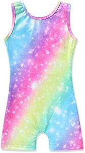 HOZIY Gymnastics Leotards for Girls With Shorts Biketards 5t 6t 5-6 Years Old Rainbow Colorful Multicolored Kids Leo Neon Blue Purple Pink Aqua Tumbling Outfits Glitter Sparkly Dance Apparel