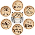 Britimes Coaster for Drinks Set of 6, Wine Stamp Wooden Wood Bottle Absorbent Round Ceramic Stone Mat, with Cork Base and Metal Holder, Gift for Housewarming Room Bar Decor