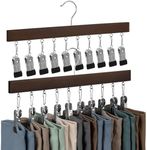 StorageWorks Wood Hanger for Pants, Wooden Pants Hangers with 10 Nonslip Clips, Set of 2 Legging Organizer for Closet, Space Saving Hangers Hold 20 Skirts, Hats, Shorts, Walnut Color