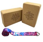 Aozora Cork Yoga Block Sustainable & Eco Friendly 2 Pack and Yoga Strap Set Made of The Finest Natural Cork for Better Support, Balance & Comfort (Lotus, 9 * 6 * 3（2pack）)