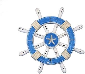 Hampton Nautical Rustic with Starfish Decorative Ship Wheel, 12", Light Blue/White