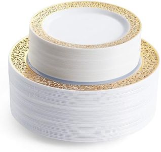 MATANA 120 Assiettes Blanches Élégantes avec Bord Doré pour Mariages, Anniversaires, Baptêmes, Noël & Fêtes (2 Tailles, 26cm & 19cm) - Solide & Réutilisable