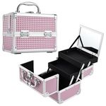 Joligrace Girls Makeup Box with Mirror Vanity Case Jewelry Organiser Nail Box Cosmetic Case Light Weight, 2 Trays Lockable with Keys (Pink)