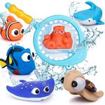 Bath Toys for Toddler, Bathtub Water Squirt Fish Toys, Bath Time Cute Accessory, Floating Sea Animals for Baby Boy Girl Shower, Swimming Pool Water Spray Game Gift with Fishing Net（7PCS）