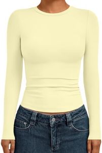 AUTOMET Womens Long Sleeve Shirts Basic Compression Tops Creamy Yellow L
