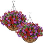 Alynsehom 2 Set Artificial Flowers with Hanging Basket, 2 Outdoor Hanging Plants with 24pcs Faux UV Resistant Fake Silk Azalea in Baskets for Porch Garden Home Decor(Purple Red) (Purple Red, 2pcs)