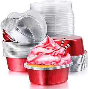 Aluminum Foil Cake Pan Heart Shaped Cupcake Cup with Lids 100 ml/ 3.4 Ounces Disposable Mini Cupcake Cup Flan Baking Cups for Valentine Mother's Day Wedding Xmas Birthday (Red,40 Sets)