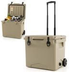 COSTWAY 40L Insulated Cooler Box, Mobile Ice Chest Box with Wheels, Aluminum Pull Handle, Bottle Opener, Ruler & Cup Holders, Portable Rotomolded Cooler for Camping, Fishing & Beach (Tan)