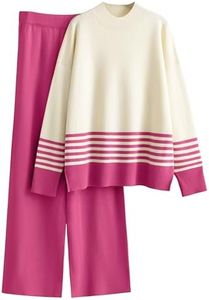 Tanming Women's Lounge Sets 2 Piece Outfits Knitted Pullover Sweater Tops Wide Leg Pants Tracksuit(Rosered-XXL)
