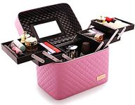 M-Aimee Multifunction Travel Cosmetic Bag with Mirror Portable Train Makeup Case 4 Foldable Makeup Tray for Cosmetics Makeup Brushes Toiletry Jewelry Digital accessories (Pink)