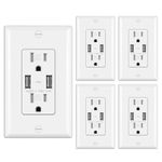 [5 Pack] BESTTEN 4.8A Ultra Slim USB Wall Receptacle Outlet, Dual High Speed USB-A Ports, 15 Amp Electrical Outlet with Tamper-Resistant, Self-Grounding, cUL Listed, White