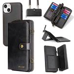 PU Leather Wallet Case for iPhone 15 Plus, Crossbody Lanyard Case Cover with 12 Card Holder Purse Bag Magnetic Detachable Functional Case for iPhone 15 Plus (Black, iPhone 15 Plus)