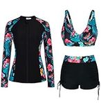 JASAMBAC Women 3 Piece Rash Guard Long Sleeve Full Zip Up Swimsuits with Boyshort UV UPF 50+ Swim Shirt with Built in Bra Black M