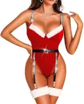 RSLOVE Christmas Lingerie for Women - Sexy Santa Teddy Bodysuit Rhinestone Xmas Babydoll One Piece with Underwire and Garter