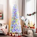 SHareconn 6ft Prelit Artificial Hinged Pencil Christmas Tree, Warm White & Multi-Color Lights with Remote Control, 688 Branch Tips and Foldable Metal Stand Slim Holiday Decoration for Xmas, White