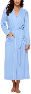 Hyppry Womens Dressing Gown Long Robe V-Neck Kimono Knit Bathrobe Nightwear Soft and Comfortable Loungewear Lightweight Housecoat Nightgown for All Seasons, Blue, L