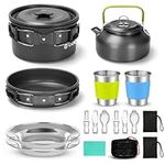 Odoland Camping Cookware Set, Non Stick Pot Pan Kettle Set with Stainless Steel Cups Plates Forks Knives Spoons for Outdoor Cooking and Picnic - Camping Cutlery Set Suit 2 People